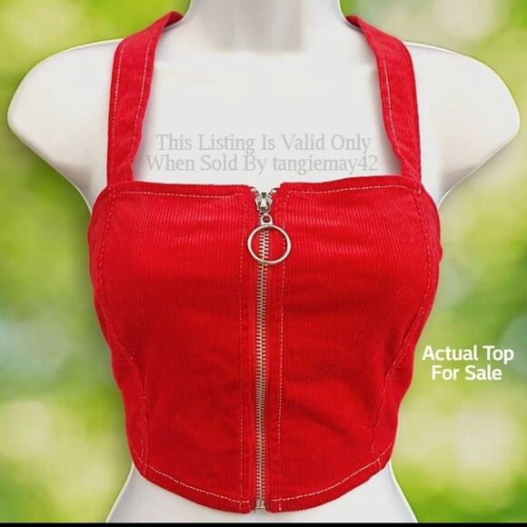 Urban Outfitters Corduroy Zip Up Crop Tomato Red Sexy Tank Top Women's Medium - Picture 1 of 10